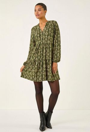 Roman Aztec Print Button Stretch Swing Dress