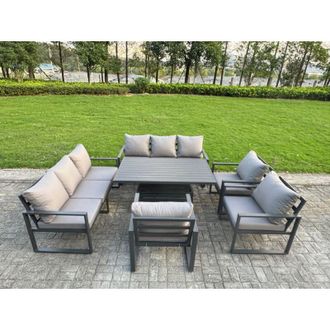 Fimous Fimous 6 Piece Garden Furniture Set 9-Seater Aluminium Outdoor Dining Set with Adjustable Rising Lifting Dining Table & Cushions 3 Chairs Dark Grey
