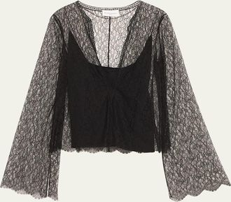 Brandon Maxwell Eloise Plunging Lace Long-Sleeve Top