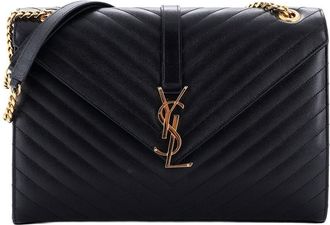 Saint Laurent Black Matelasse Chevron Leather Classic Monogram Envelope Satchel Large (Authentic Pre-Loved)