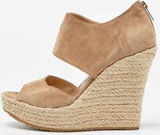 Jimmy Choo London Beige Suede Wedge Espadrille Ankle Strap Sandals