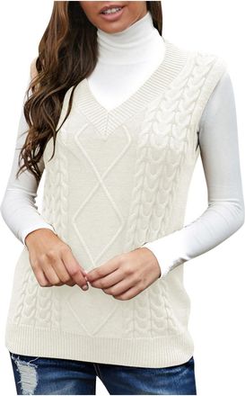 Generic Womens Sweaters Vest Stylish Vintage V Neck Chunky Knitted Sleeveless Jumpers