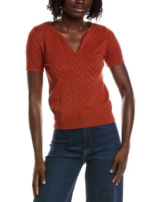 T Tahari Split Neck Collar Pointelle Sweater