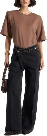 Mani&egrave;re De Voir Mia Wide Shoulder Bodysuit T-Shirt in Brown at Nordstrom, Size 12