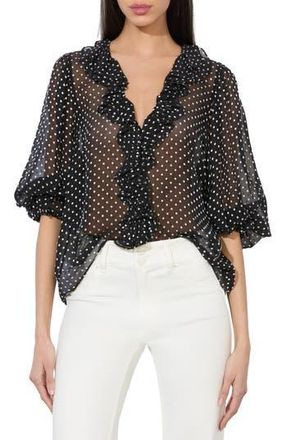 Alice & Olivia Betsie Clip Dot Ruffle Sheer Silk Blend Top in Black/Off White Polka Dot at Nordstrom Rack, Size X-Small