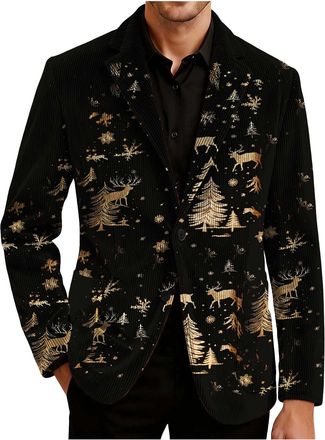 Generic Christmas Blazers for Men,Corduroy Ceremonial Blazer Single Breasted Blazer Novelty Xmas Graphic Blazers Mens Ugly Christmas Tree Printed Jackets Busi