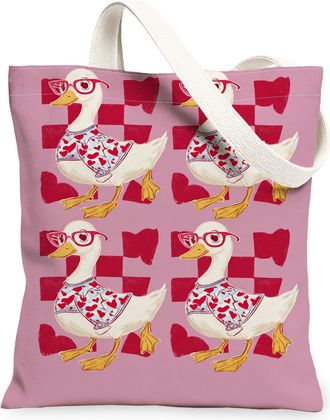 Generic Fanciful Duck Canvas Tote Bags, Cute Heart Pattern Reusable Grocery Bags, Vintage Lightweight Washable Shoulder Strap, Peach, 13x15 Inch
