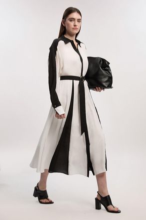 Karen Millen Womens Petite Colour Block Fluid Tencel Woven Maxi Shirt Dress - Monochrome Multi Lyocell - Size 10 UK