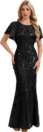 Ever-pretty Womens Sequin Mermaid Gown Flutter Sleeve Evening Dress for Wedding Guest Gala Formal Events Black 20