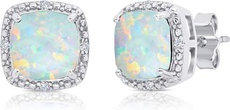 MAX + STONE 925 Sterling Silver 7mm Gemstone and Diamond Accent Halo Cushion Stud Earrings
