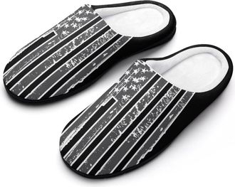 Generic Black U.S.A. Flag Mens House Slippers Memory Foam Washable Cotton Slip on Home Shoes