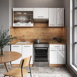 Vicco Mueble De Cocina Fame-line, Blanco Brillo Intenso/roble Dorado, 200 Cm, Et Antracita