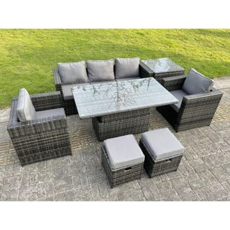 Fimous Fimous Rattan Garden Furniture Set Rising Adjustable Dining Table Lounge Sofa Set With Foostools Dark Grey Mixed Extra Side High Tall Coffee Tea Table
