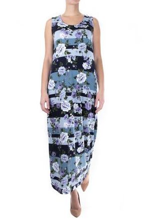 Nina Leonard Patterned Maxi Dress in Navy Ice Multi Botanical Strip at Nordstrom Rack, Size Medium
