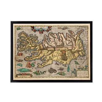 Artery8 1585 Iceland Pictorial Map With Sea Monsters Framed Canvas Wall Art Print | Size: W24 x H32