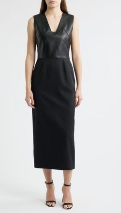 BOSS Drumialda Wool & Leather Column Dress in Black at Nordstrom, Size 10