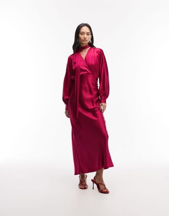 & Other Stories Vestito lungo in raso color lampone con maniche voluminose e sciarpa rimovibile-Rosa