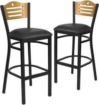Flash Furniture 2 Pk. Black Slat Back Metal Barstool - Natural Wood Back, Black Vinyl Seat