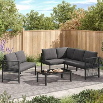 Matteo Weatherproof L-Shaped Garden Sofa Set, Tempered Glass Table 5-6 Seater in Grey