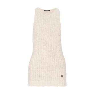 Balmain Round-neck Knitwear, female, Beige, Size: M Logo Tank Top
