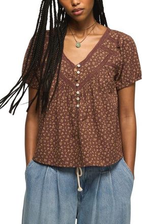 Lucky Brand Lace Henley Peasant Top in Brown Floral at Nordstrom, Size X-Large