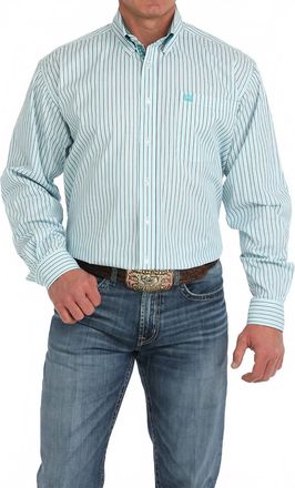Cinch Stretch Stripe Button Down Classic Shirt In White/turquoise