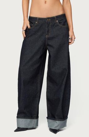 Edikted Kella Low Rise Baggy Wide Leg Cuffed Jeans in Indigo-Blue-Raw-Wash at Nordstrom, Size X-Small