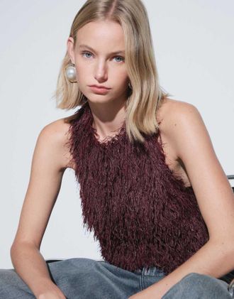 Topshop top con frange allamericana in bordeaux-Rosso