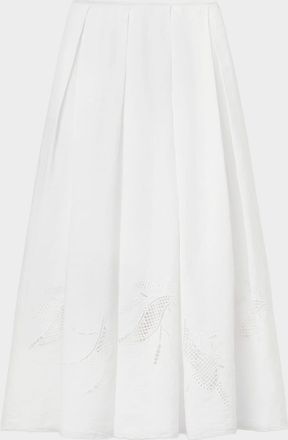 Lafayette 148 New York Pleated Cutout Embroidered Linen Maxi Skirt