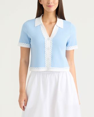 Ellen Tracy Womens Short Sleeve Cardigan with Ric Rac Trims