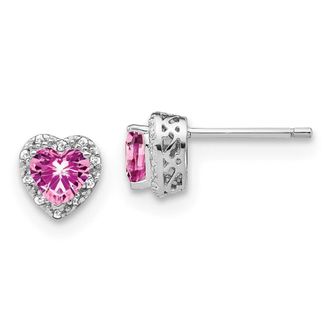Diamond2Deal 14k White Gold 1/10 Ct Lab Grown Diamond and Heart Lab Created Pink Sapphire Stud Earrings