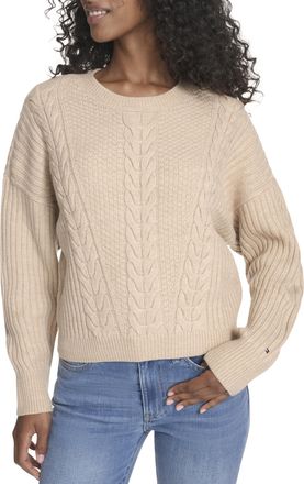 Tommy Hilfiger Womens Solid Cable Crewneck Bobbi Pullover Sweater, Light Fawn, L