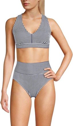 Lands End Chlorine Resistant V-neck Midkini Swimsuit Top and High Leg High Waisted Bottoms 2 Piece Set in Deep Sea Navy Mini Stripe at Nordstrom