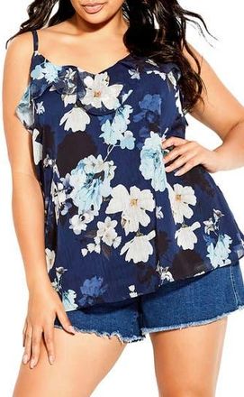 City Chic Shy Orchid Floral Ruffle Camisole in Navy Shy Orchid at Nordstrom Rack, Size L/20W