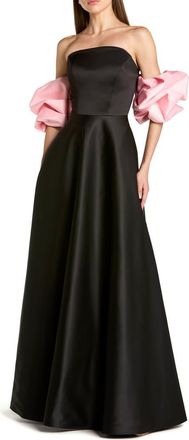 Mac Duggal Satin Off The Shoulder Puff Sleeve Ball Gown in Black Pink at Nordstrom, Size 16