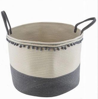Trade Shop Trade Shop - Cesto Portaoggetti Per Biancheria In Corda Ponpon Grigi Con Manici 50x35cm 10673