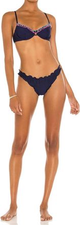 Something Navy Peony Ruffle Low Rise Bikini Bottoms In Navy