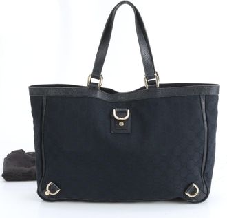 Gucci Black Leather Canvas Tote Bag (Pre-Owned)