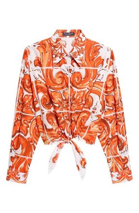 Dolce & Gabbana Majolica Print Tie Front Cotton Poplin Button-Up Shirt in S9000 Variante Abbinata at Nordstrom, Size 6 Us