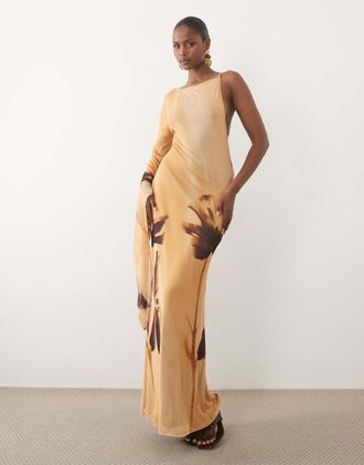 Asos Vestito lungo drappeggiato in rete marrone a fiori con manica singola effetto sciarpa-Multi
