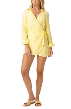 PQ Swim Lily Long Sleeve Linen Cover-Up Wrap Minidress in Buttercup at Nordstrom, Size X-Small