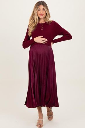 Pinkblush Collared Knit Contrast Pleated Skirt Midi Dress in Burgundy at Nordstrom, Size X-Large
