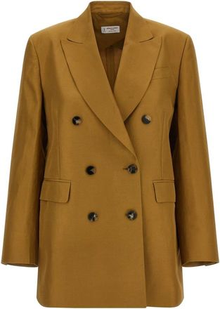 Alberto Biani Dubbelrijige blazer met piek revers - Dames - Blazers - Bruin - XS - Linnen - Jassen