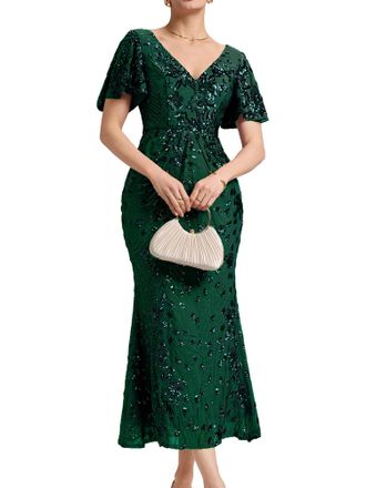 Ever-pretty Womens Sequin Evening Dresses Maxi Bodycon V-Neck Short Sleeves Dark Green 30