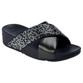FitFlop Womens Lulu Crystal Mix Metallic Cross Wedge Slides In All Black