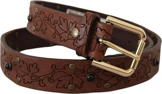 Dolce & Gabbana Brown Leather Floral Studded Metal Buckle Mens Belt