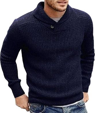 Generic Mens Pullover Shawl Collar Knitted Jumper Stand-Up Collar Long Sleeve Mens Winter Jumper Jumper with Button Placket Mens Knitted Jumper Chunky Knit Pu