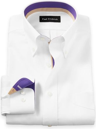 Paul Fredrick Tailored Fit Comfort Stretch Non-iron Solid Dress Shirt With Contrast Trim