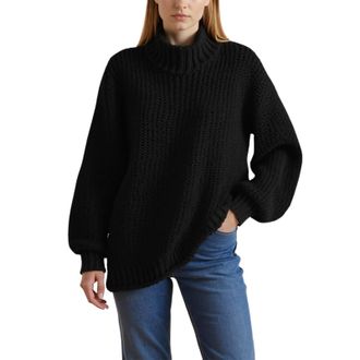 Generic 2025 Womens 2024 Turtleneck Sweaters Batwing Sleeve Casual Fall Loose Oversized Knitted Pullover Sweater Tops Shorts Suits for Women Work (Black, L)