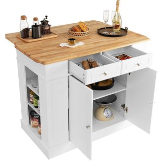 Costway Costway Kitchen Island Storage Cupboard W/ Drop Leaf Countertop & Side Racks 2-Door Cabinet in White